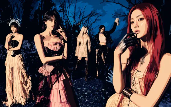 4K Ultra HD PC desktop wallpaper: five stylized women in ornate gowns pose in a moonlit, eerie forest with bold contrast and rich, cinematic colors.