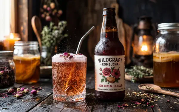5K Ultra HD PC desktop wallpaper/background: rustic still-life of a Wildcraft kombucha bottle and a glass with straw on a candlelit wooden table.