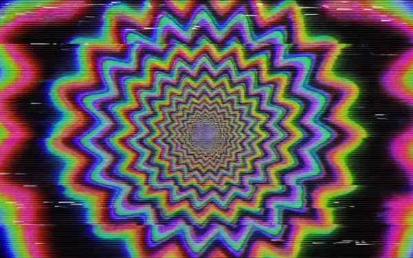 Neon rainbow trippy pattern: concentric zigzag starburst rings with subtle CRT scanlines — 4K Ultra HD PC desktop wallpaper background.