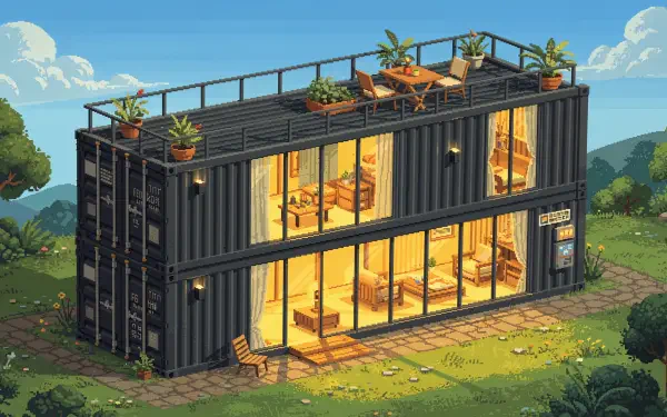 4K Ultra HD PC desktop wallpaper of a modern two-story container house with warm-lit interiors, rooftop terrace and large glass walls set in a verdant twilight landscape.