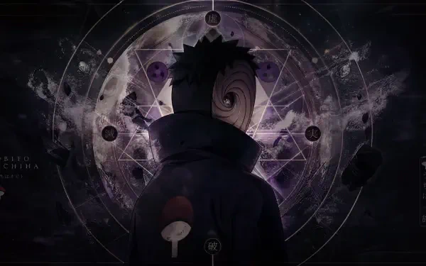 Obito Uchiha in a dark cloak with his spiral mask, silhouetted before mystical geometric symbols and smoky effects — 4K Ultra HD PC desktop wallpaper/background