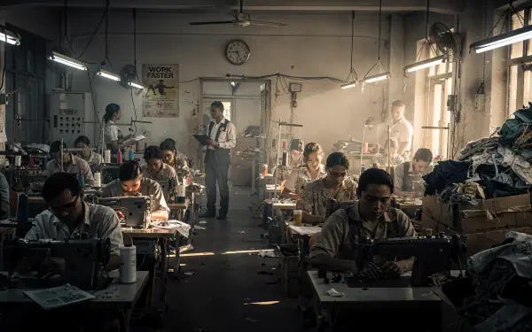 4K Ultra HD PC desktop wallpaper showing a dim, crowded garment sweatshop: rows of workers at sewing machines, an overseer, fabric piles and dusty light, evoking commercial exploitation.