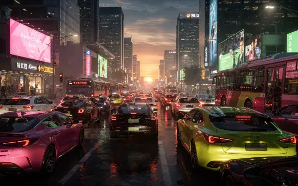 4K Ultra HD PC desktop wallpaper: neon-lit city traffic jam at dusk, cars and buses bumper-to-bumper on wet streets with glowing billboards and a sunset-lined horizon.