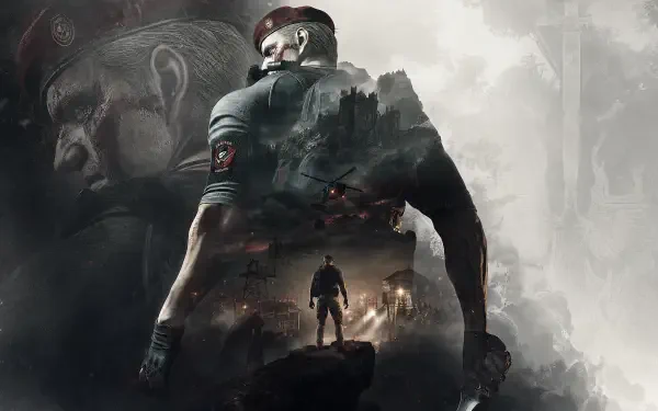 4K Ultra HD PC wallpaper: Jack Krauser stands with raised blade, his form blending into a war-torn city and lone silhouetted figure amid smoky gray tones.