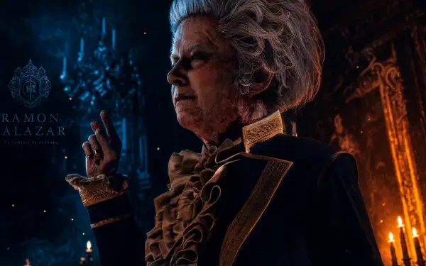 Ramon Salazar in an ornate military-style coat, stern profile amid candlelit Gothic halls — 4K Ultra HD PC desktop wallpaper.