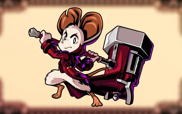 HD PC desktop wallpaper of Minna The Hollower: a determined mouse protagonist in a cloak charging with a massive hammer on a parchment-toned background, video game artwork