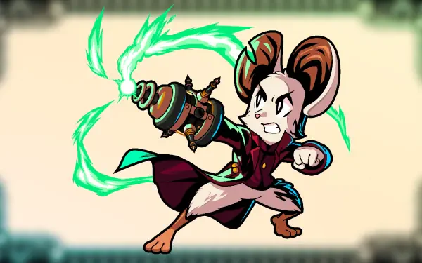 HD PC desktop wallpaper and background: video game Minna The Hollower — fierce anthropomorphic mouse in a burgundy cloak firing crackling green magical energy from a gauntlet.