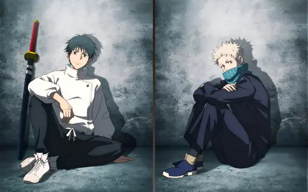 2K Quad HD PC desktop wallpaper of Jujutsu Kaisen's Yuta Okkotsu and Toge Inumaki seated against a concrete wall, moody lighting; Yuta with sword, Toge with mouth covering.