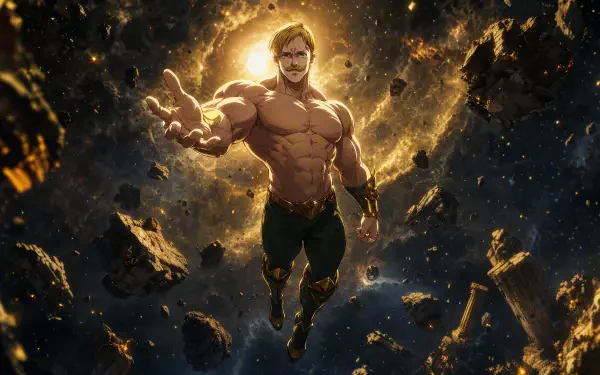 Escanor (The Seven Deadly Sins) towering, radiant and muscular amid floating molten debris with a blazing sun halo behind him — 4K Ultra HD PC desktop wallpaper/background.