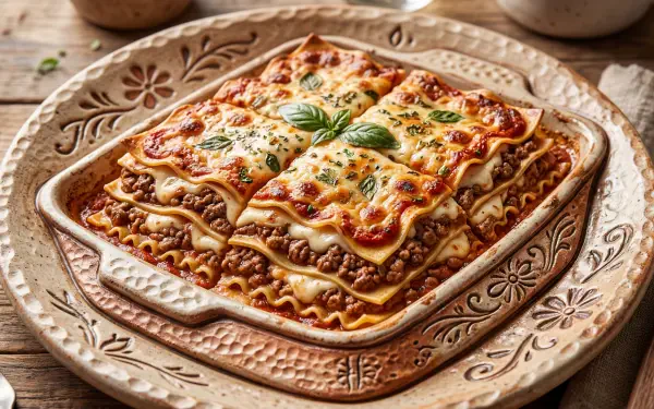 5K Ultra HD PC desktop wallpaper background featuring a freshly baked layered lasagna in a decorative ceramic dish, golden melted cheese, savory meat filling and basil garnish.