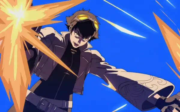Devil May Cry (2025) 4K Ultra HD PC desktop wallpaper featuring an anime-style protagonist from Devil May Cry with goggles unleashing orange energy blasts against a vivid blue sky.