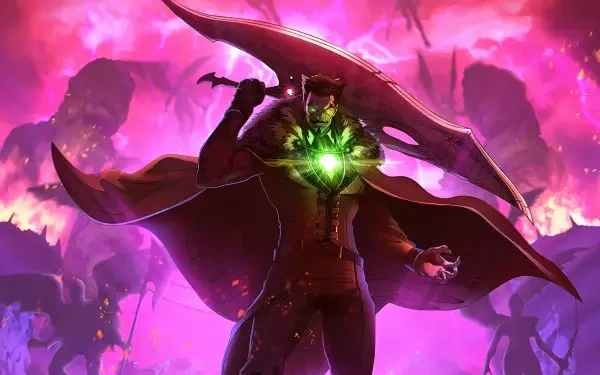 Devil May Cry (2025) 4K Ultra HD PC wallpaper: cloaked demon swordsman clutching a glowing green heart amid a pink-purple hellscape, bats and swirling fire.