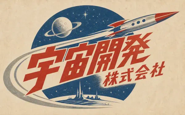 Retro Japanese logo featuring a rocket, planet and red kanji '宇宙開発株式会社' in a vintage space style — 4K Ultra HD PC desktop wallpaper/background.