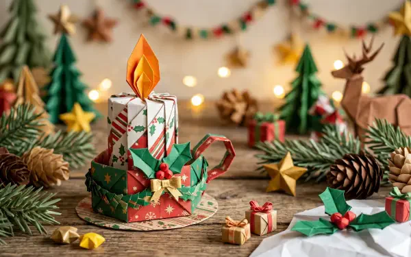 Christmas candle centerpiece amid an origami cup, mini gifts, pinecones and festive garland; 5K Ultra HD PC desktop wallpaper and background.