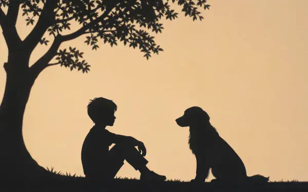 Silhouette of a boy and dog sitting under a tree at sunset — 4K Ultra HD PC desktop wallpaper and background.