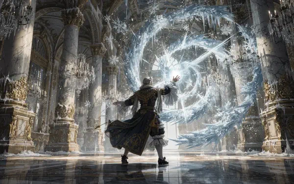 4K Ultra HD PC desktop wallpaper: lone mage casts a swirling ice-magic rune circle inside a grand cathedral-like hall.