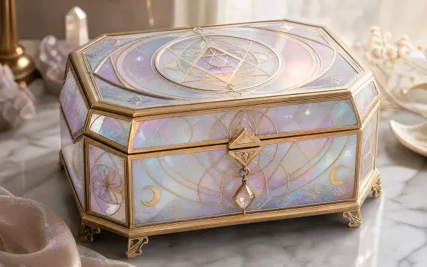 Ornate iridescent jewelry box with gold filigree, crescent motifs and crystal pendant on marble — 4K Ultra HD PC Desktop Wallpaper and Background.