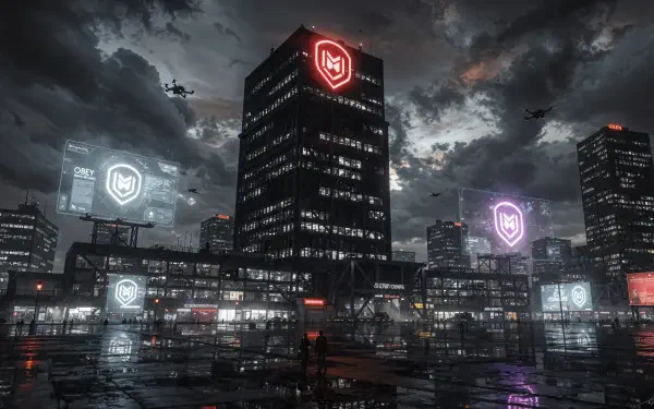 4K Ultra HD PC desktop wallpaper and background: dystopian night city dominated by an evil corporation's glowing logo on skyscrapers, drones overhead and rain-slick streets.