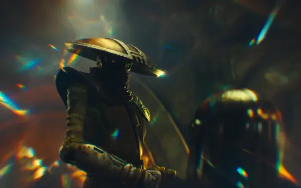 Embo (Star Wars) in shadowed armor and wide-brimmed hat, blade raised amid prism light flares and smoky darkness — 4K Ultra HD PC desktop wallpaper and background.