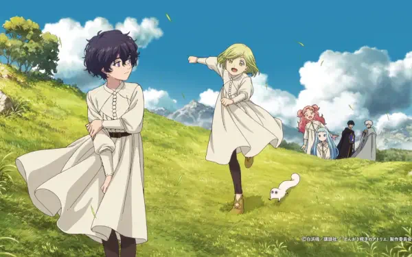 Anime HD PC desktop wallpaper — Witch Hat Atelier: two young witches in white robes play on a sunlit grassy hill, a small white creature scurries by, friends watch under a blue sky.