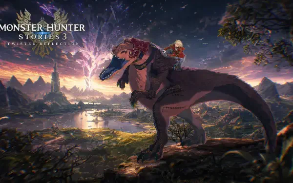 Monster Hunter Stories 3: Twisted Reflection — 4K Ultra HD PC desktop wallpaper of a rider atop a giant raptor-like monster, overlooking a luminous valley under a dramatic twilight sky.