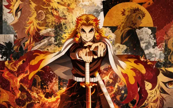 Kyojuro Rengoku stands with sword drawn amid roaring flames in a vibrant 4K Ultra HD PC desktop wallpaper and background.