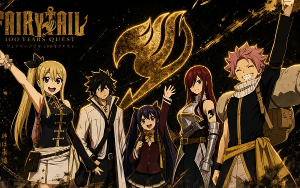 Fairy Tail: 100 Years Quest — Fairy Tail cast posed before a glowing golden guild emblem, rendered as a 4K Ultra HD PC desktop wallpaper/background.