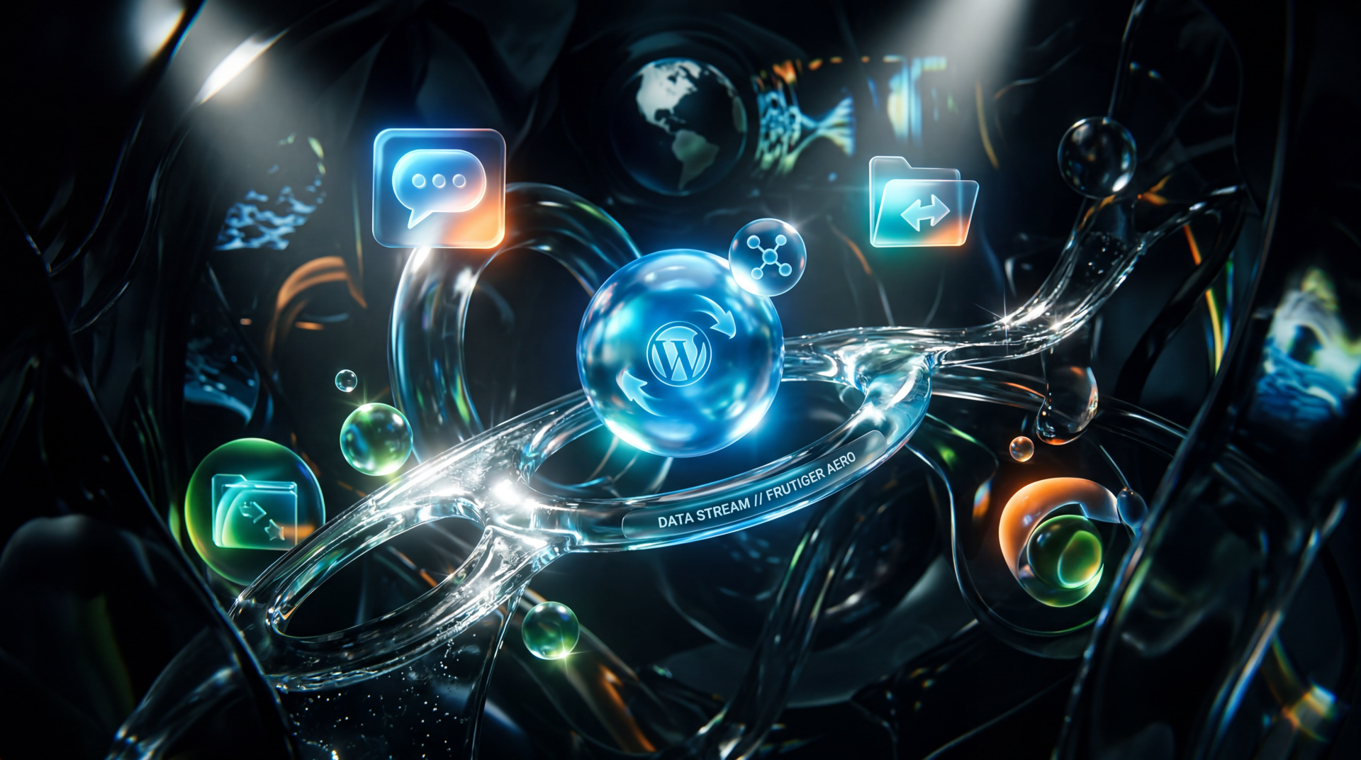 Frutiger Aero 5K Ultra HD PC desktop wallpaper: glossy blue orb with a 'W' at center, translucent flowing rings and glowing app-like icons set on a dark, metallic abstract background.