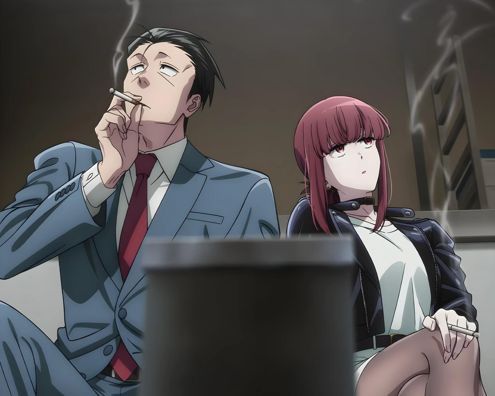 5K Ultra HD anime wallpaper of Sasaki and Yamada (Smoking Behind the Supermarket with You): a suited man smokes beside a red‑haired woman in a dim stairwell background.