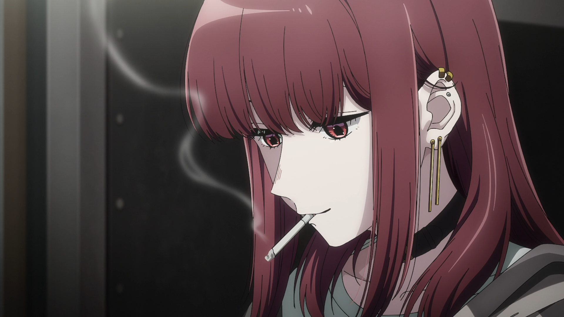 Anime HD desktop wallpaper: Yamada from Smoking Behind the Supermarket with You, side profile smoking with crimson hair, ear cuff, and a smoky urban night background.