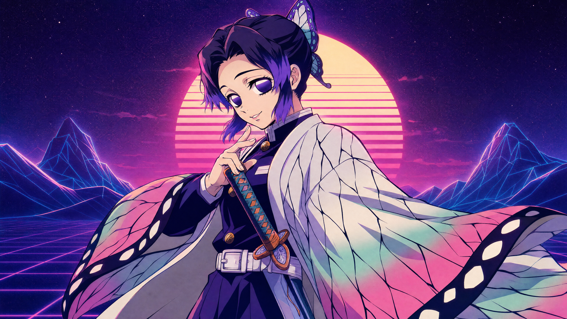 Shinobu Kochou portrait against a neon synthwave sunset, butterfly-patterned haori and katana, 4K Ultra HD PC desktop wallpaper background with glowing moon and retro mountains.