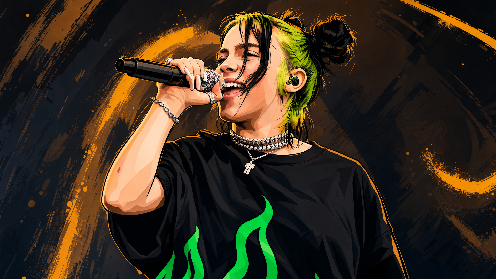 4K Ultra HD PC desktop wallpaper of a female singer with neon-green streaked hair, wearing a black tee and choker, singing into a microphone against a dark, painterly backdrop.