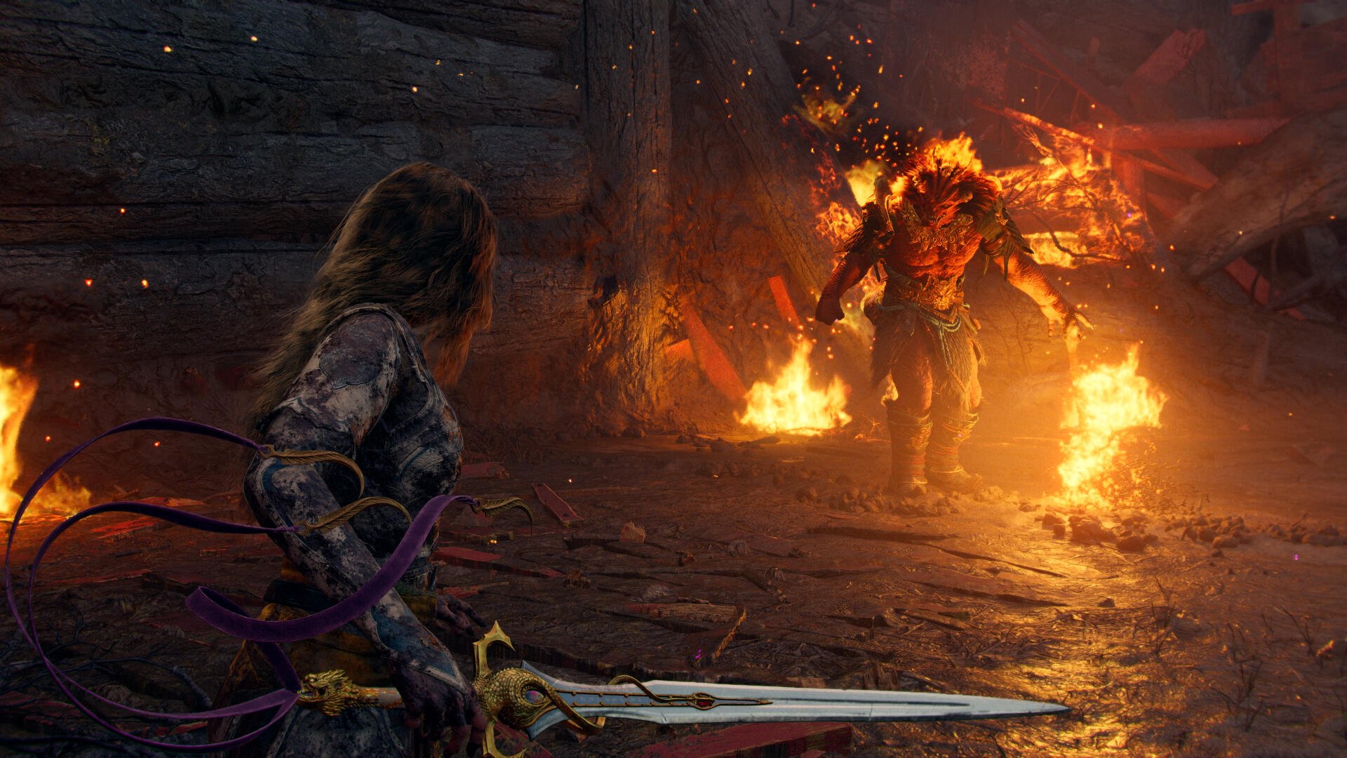 4K Ultra HD PC desktop wallpaper: God of War video game scene showing Laufey poised with sword facing a towering flame-wreathed enemy in a dark, rain-slick stone hall.