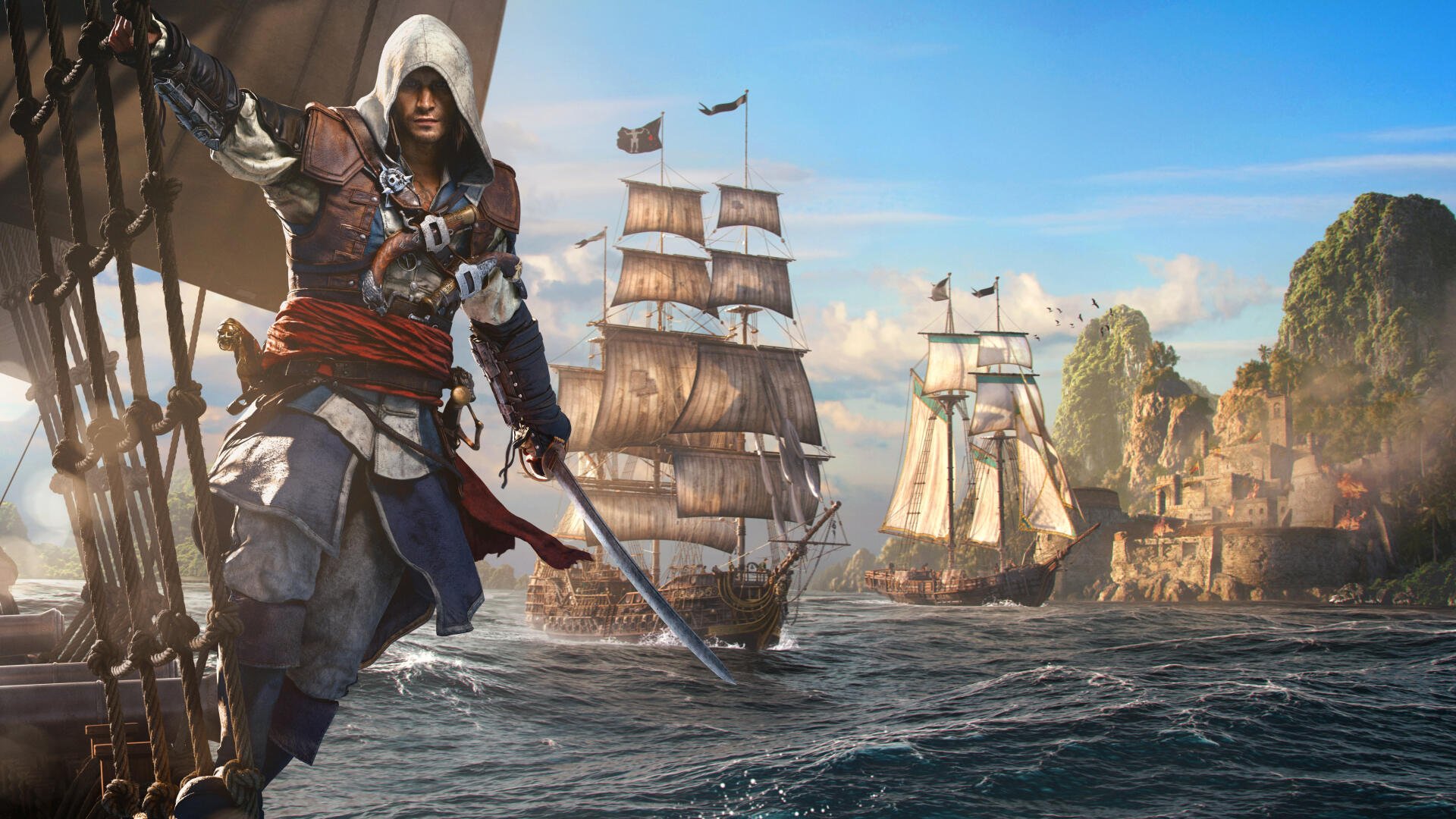 Assassin's Creed Black Flag Resynced 8K Ultra HD PC wallpaper: hooded pirate-assassin on a ship's bow, sword drawn, as tall-masted ships sail past sunlit tropical cliffs under a bright sky.