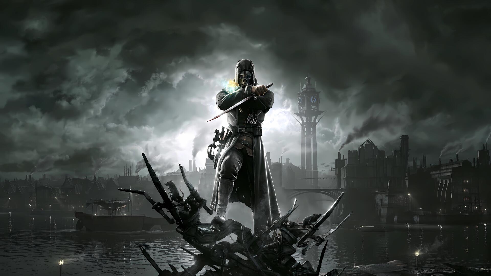 Dishonored 8K Ultra HD PC desktop wallpaper/background: masked assassin stands on wreckage, blade raised, overlooking a foggy industrial city with a green, otherworldly glow.