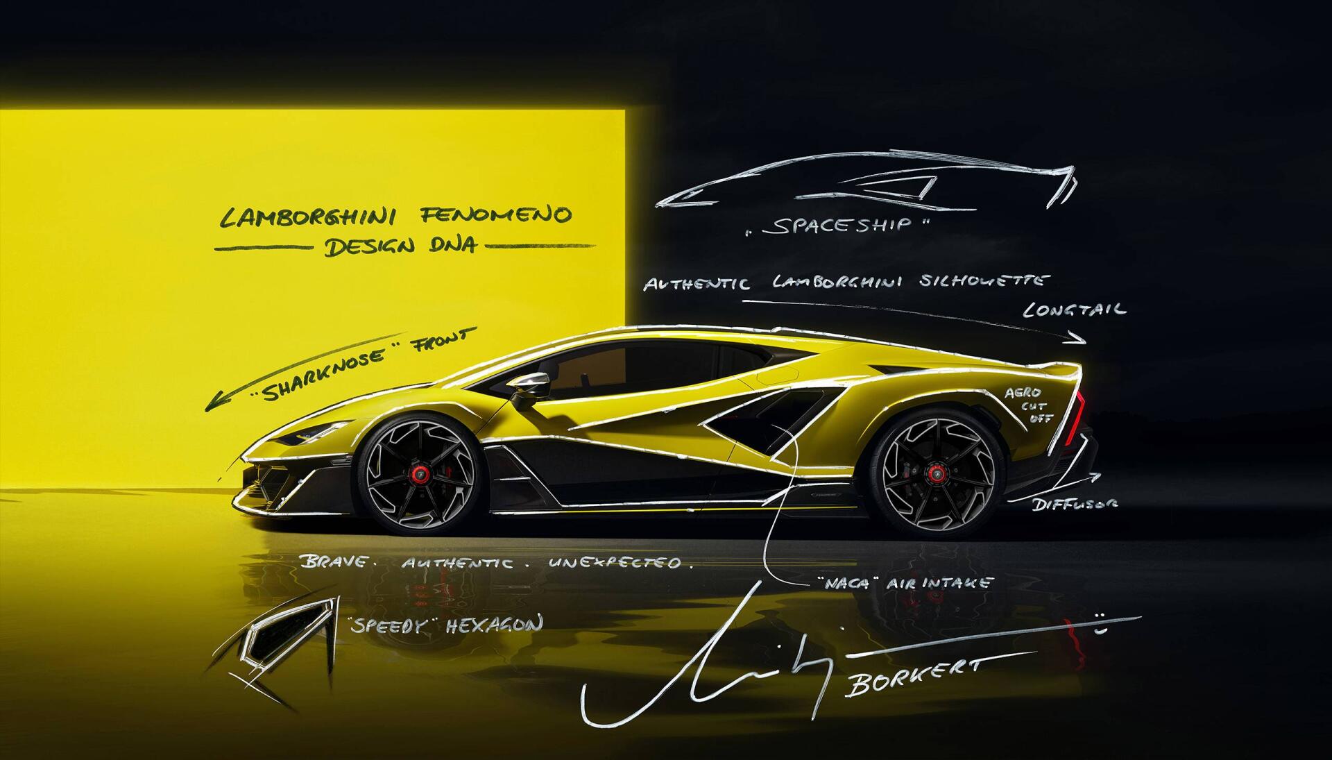 Sleek yellow Lamborghini Fenomeno concept sketch and profile on a black-and-yellow backdrop — 2K Quad HD PC desktop wallpaper showcasing a high-performance vehicle design.