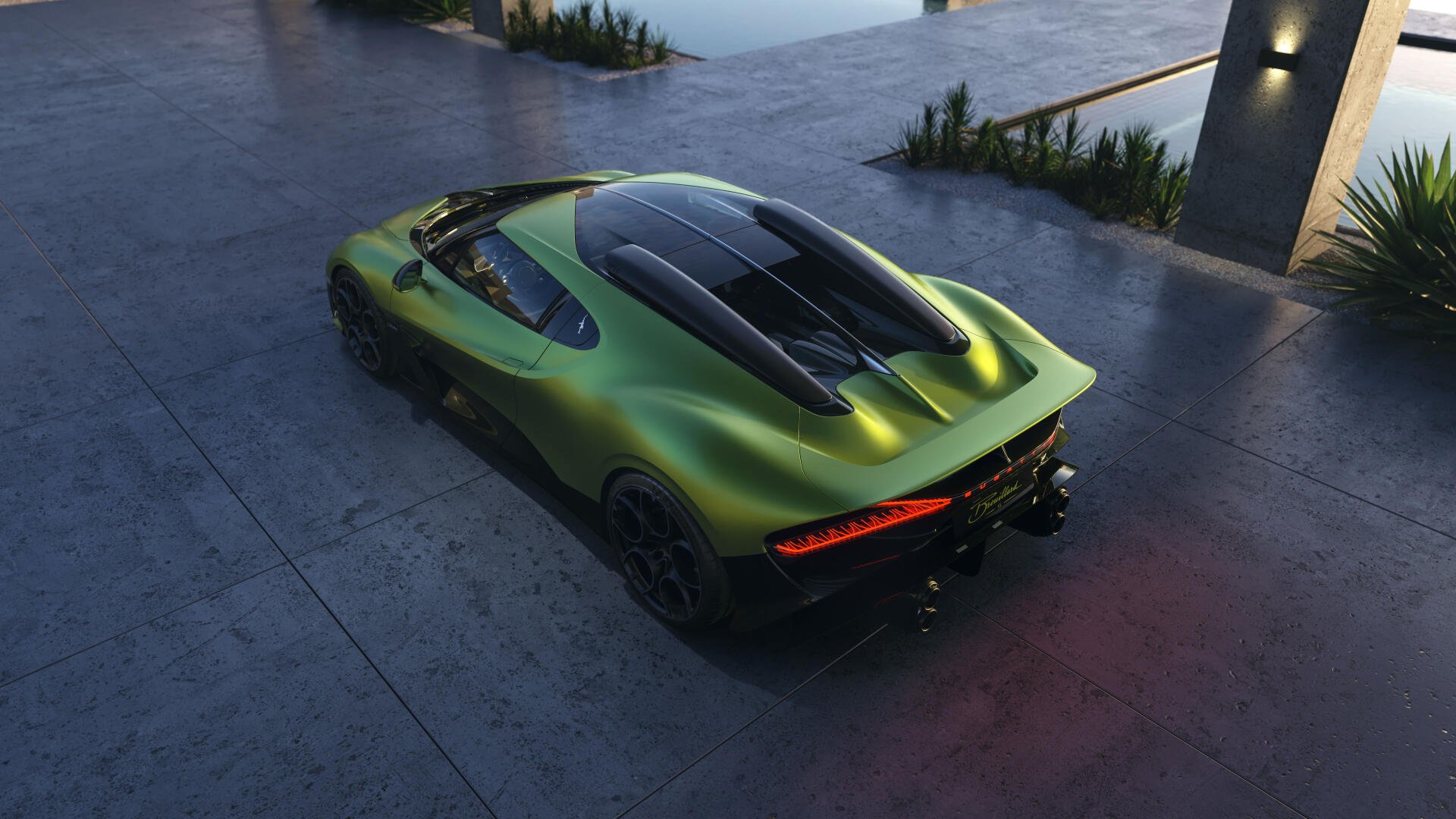 Green Bugatti Brouillard sports car parked on a modern concrete driveway at dusk — 5K Ultra HD PC desktop wallpaper/background highlighting the vehicle's sculpted rear and glossy finish.