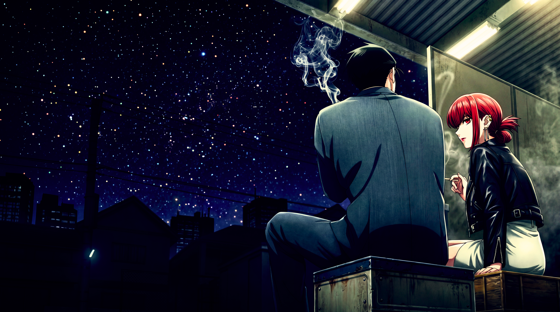 5K Ultra HD PC desktop anime wallpaper: Yamada and Sasaki from Smoking Behind the Supermarket with You sit behind a supermarket, smoking beneath a starry night sky.