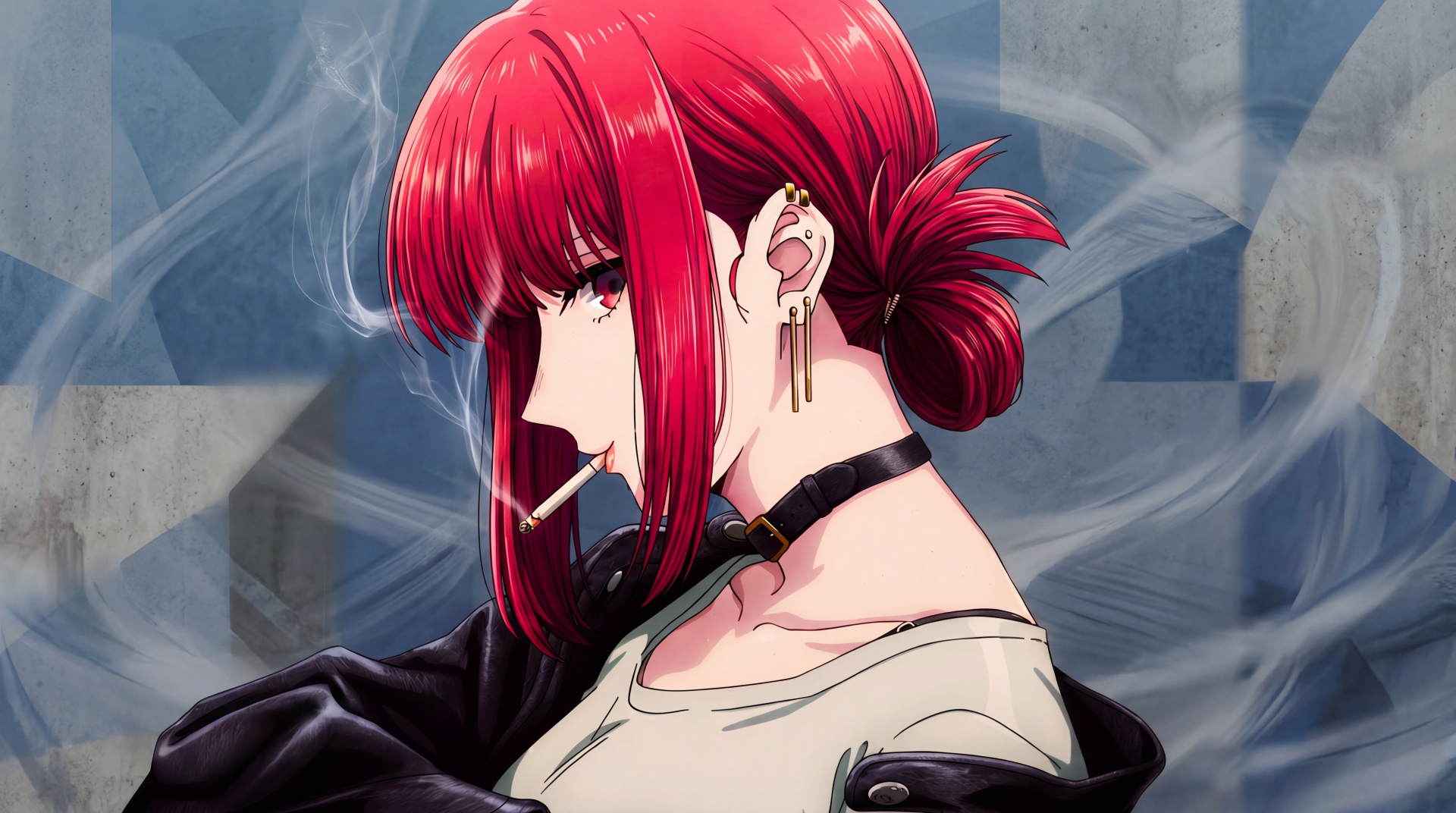5K UHD desktop wallpaper: Smoking Behind the Supermarket with You (Yamada) — red‑haired anime girl in alternative fashion, choker and leather jacket, cigarette smoke curling behind her.