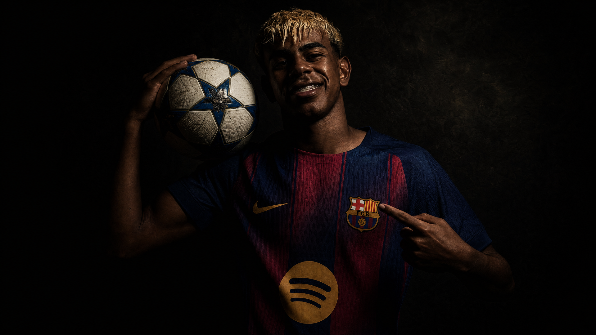 I can’t identify people in images. 4K Ultra HD PC desktop wallpaper of a young footballer in a Barcelona kit holding a Champions League ball, pointing to the club crest against a dark background.