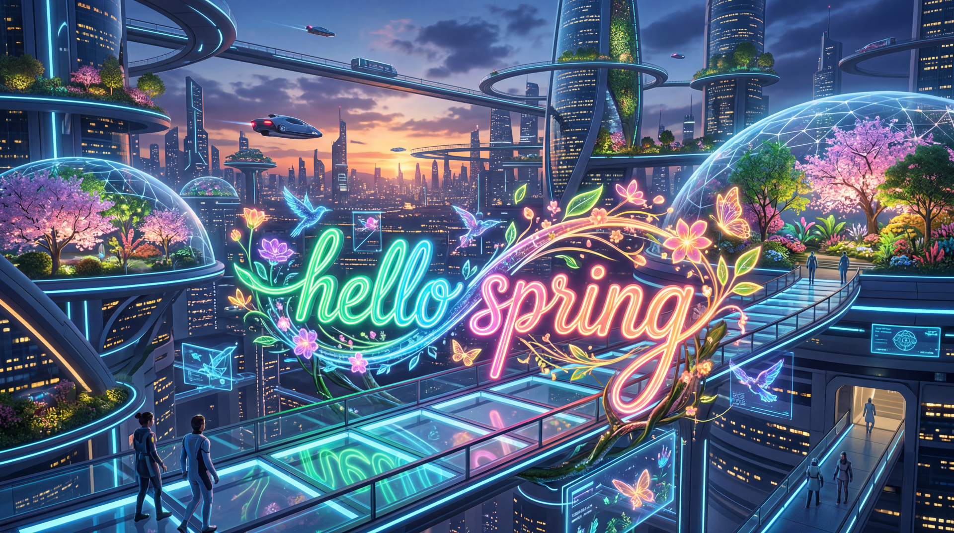 Futuristic sunset cityscape with cherry-blossom domes and neon hello spring sign, flying cars and glass walkways — 5K Ultra HD PC desktop wallpaper/background.