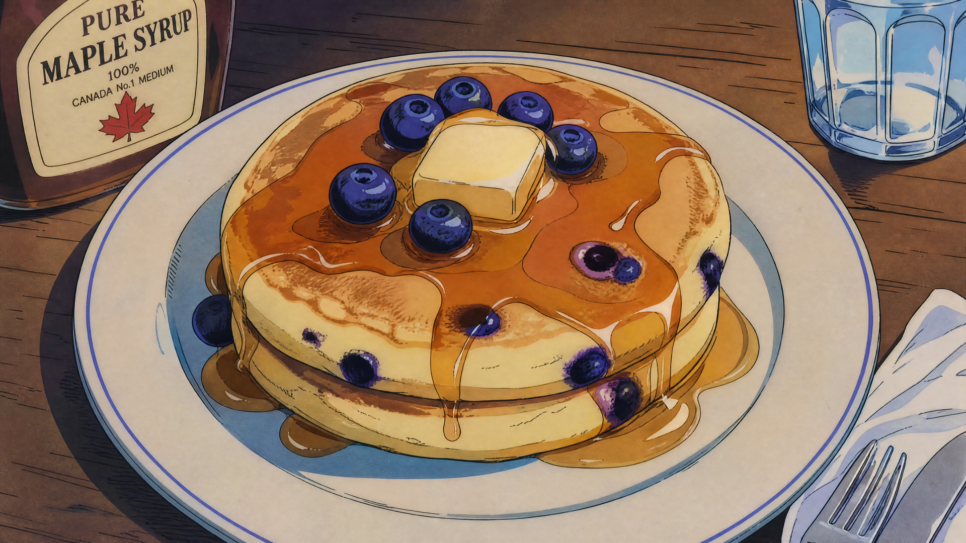 Blueberry pancake stack with melting butter and maple syrup on a plate, fork and glass on a wooden table — 4K Ultra HD PC desktop wallpaper and background.