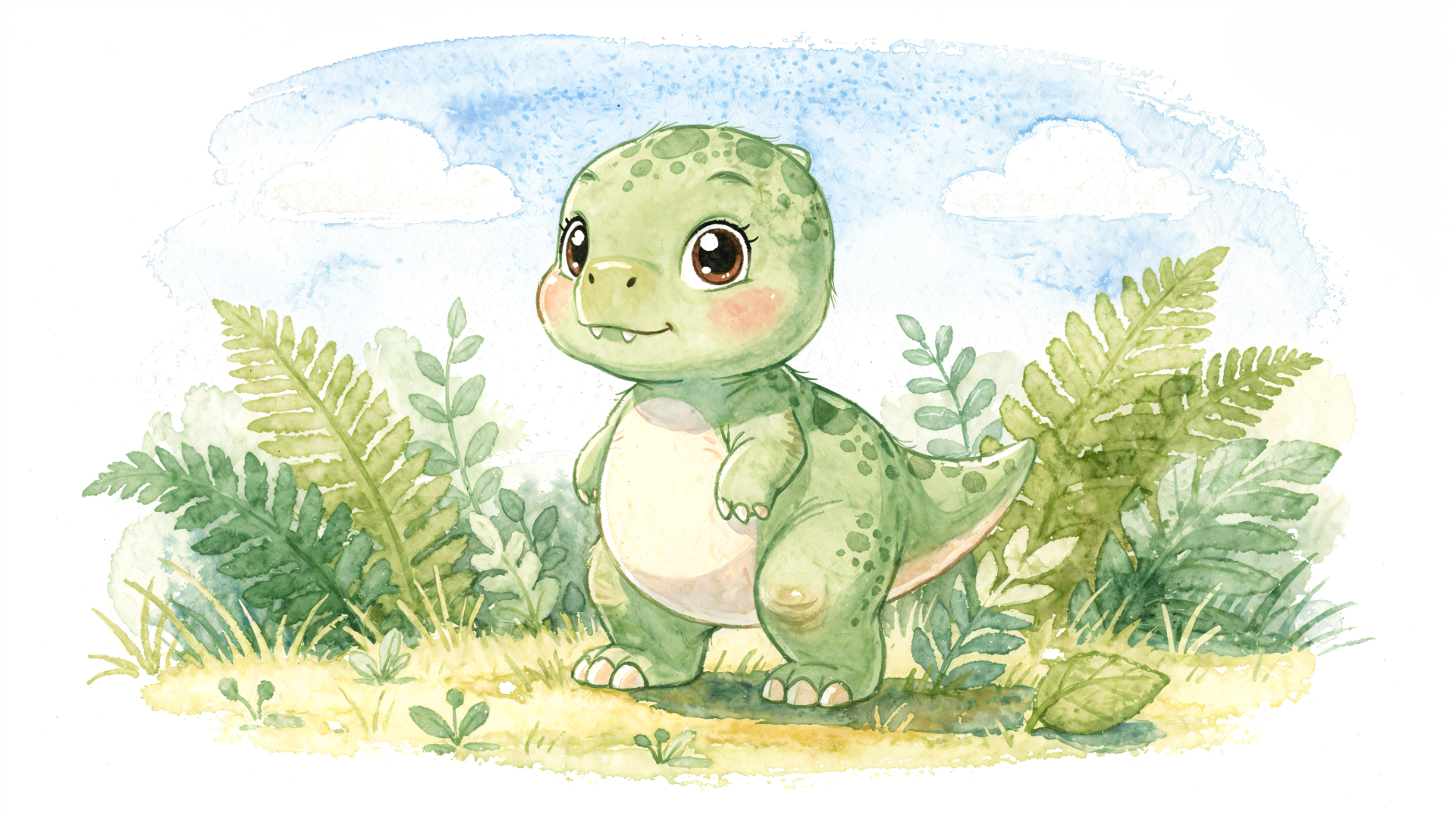 Watercolor baby dinosaur with big eyes standing among ferns and clouds, 4K Ultra HD PC desktop wallpaper/background.