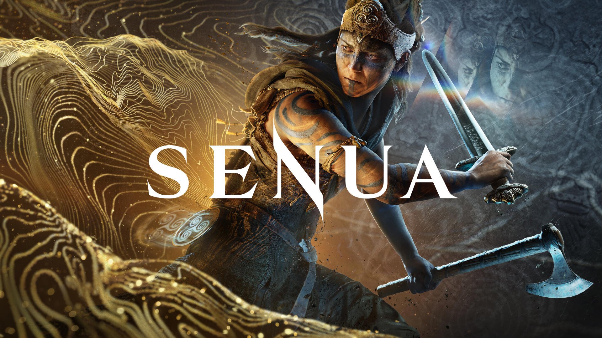 4K Ultra HD PC wallpaper of Senua from the video game, a warrior woman wielding a sword and hammer amid swirling golden and blue battle textures.