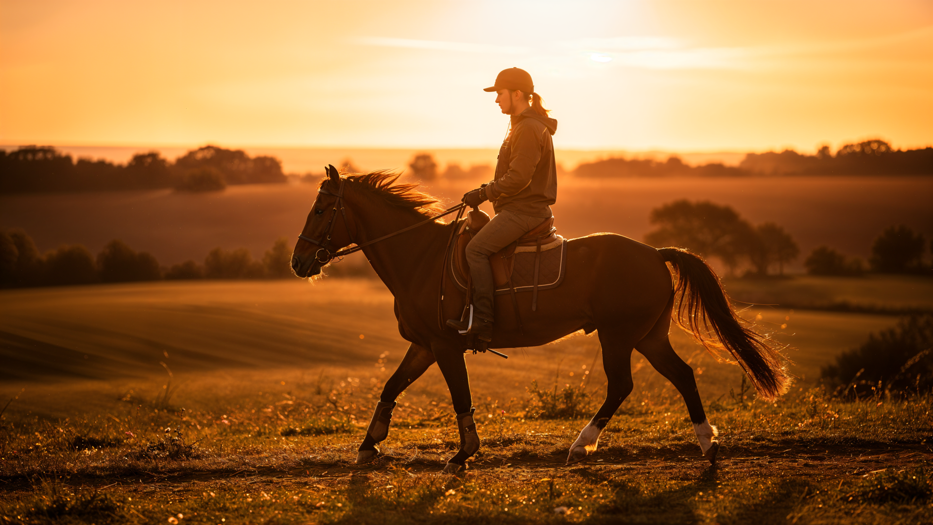 Silhouetted horseback rider trotting through golden fields at sunset — 4K Ultra HD PC desktop wallpaper and background evoking wide open countryside.