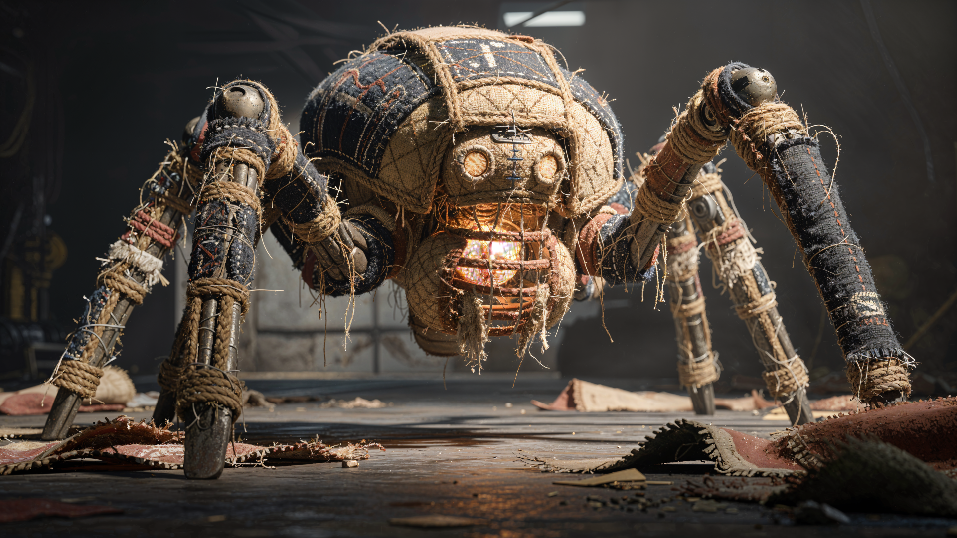 4K Ultra HD PC desktop wallpaper/background: a weathered spider mech with glowing eyes prowls a dim, debris-strewn industrial hangar.