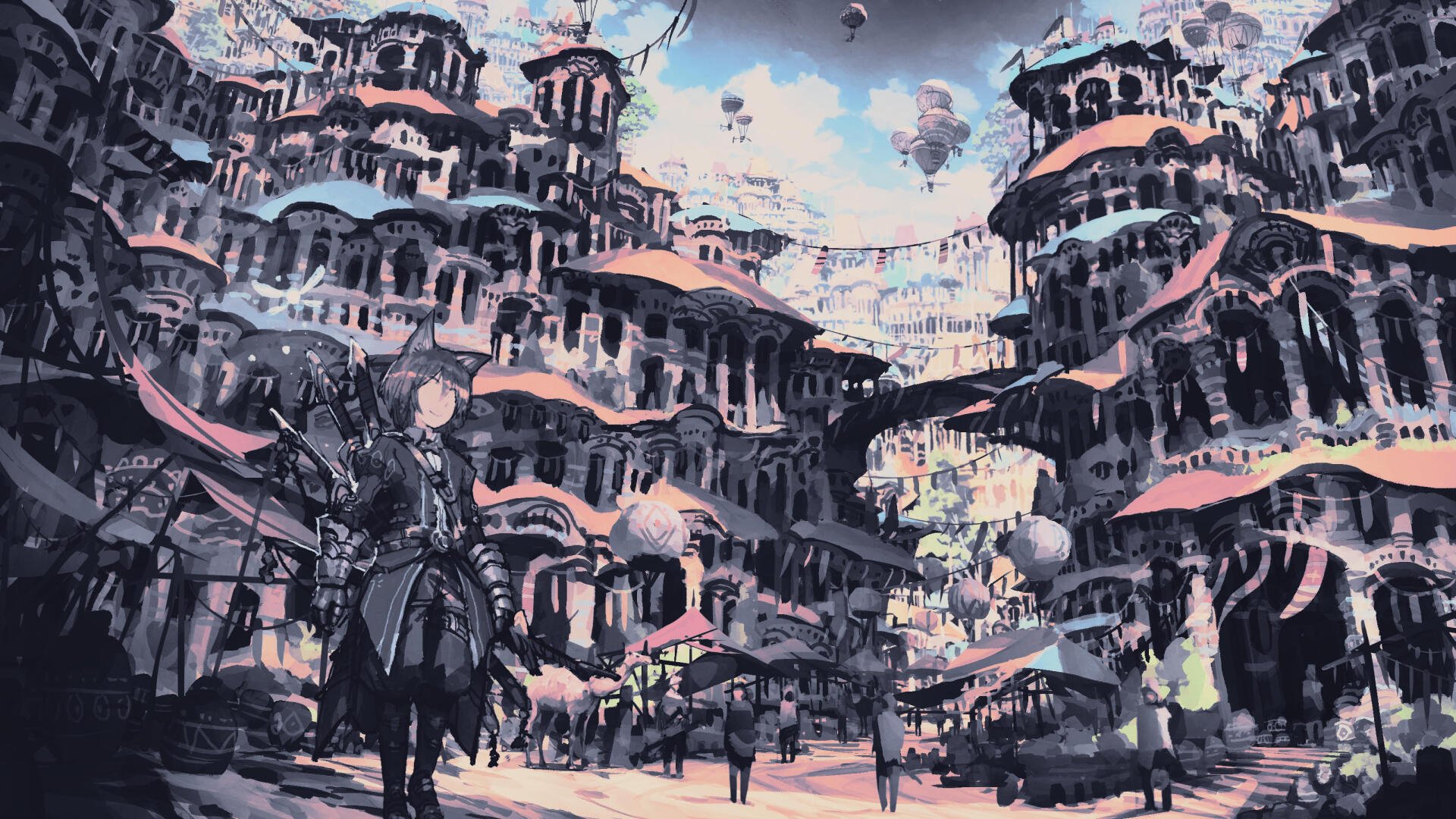 Digital Art digital painting illustration Artwork: sprawling fantasy cityscape landscape with layered terraces, airships and small figures — 2K Quad HD PC desktop wallpaper/background.