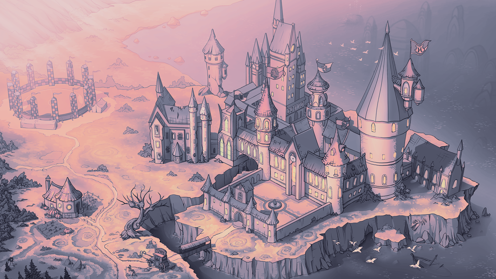 Digital art digital painting illustration artwork landscape: HD PC desktop wallpaper of a pastel sunset castle with turrets perched on a rocky cliff above a calm sea and distant ruins.