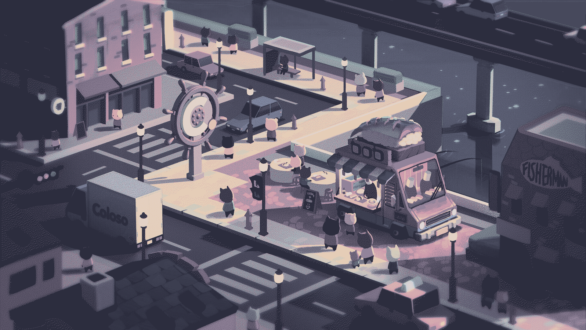 Digital Art digital painting illustration artwork landscape — HD PC desktop wallpaper: stylized isometric city plaza with a food truck on an elevated walkway, pedestrians and soft dusk lighting.
