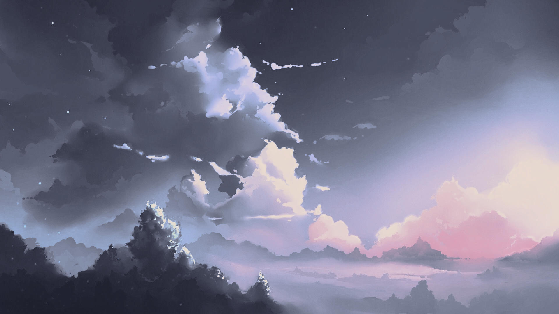 HD digital painting landscape wallpaper: stylized twilight sky with billowing clouds over misty, layered mountains and silhouetted trees — digital art illustration.